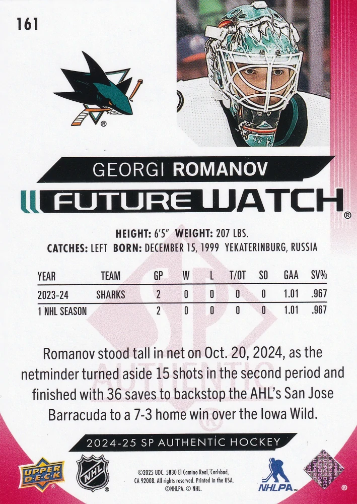 2024-25 UD SP Authentic - Georgi Romanov - Future Watch Limited Red #161