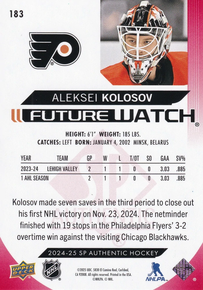 2024-25 UD SP Authentic - Aleksei Kolosov - Future Watch Limited Red #183