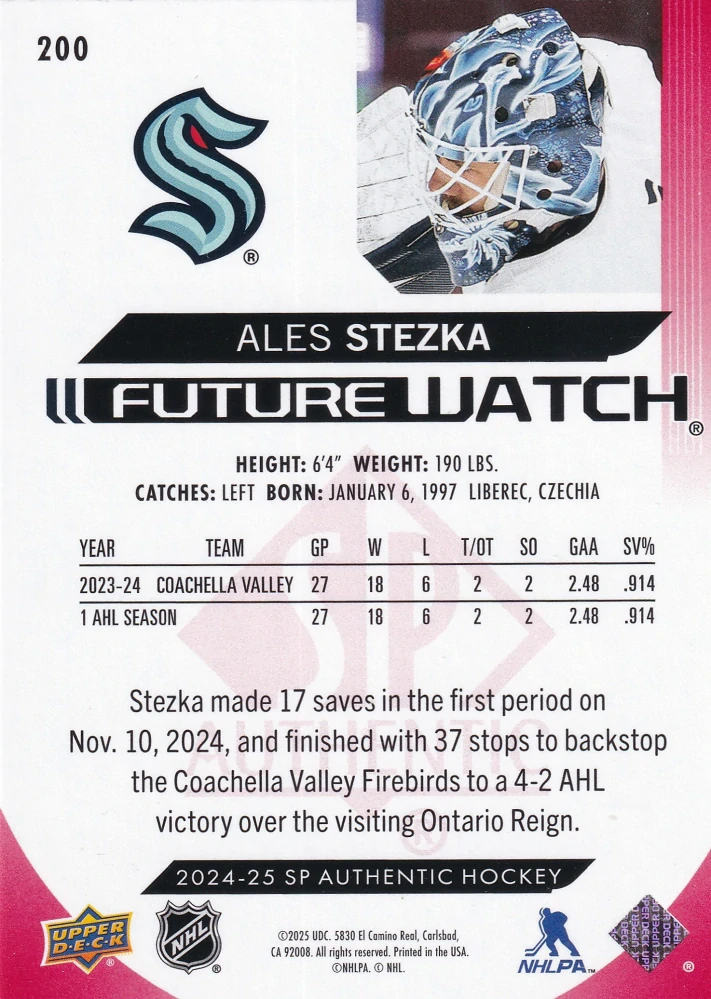 2024-25 UD SP Authentic - Aleš Stezka - Future Watch Limited Red #200