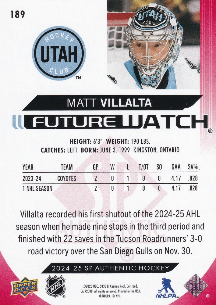 2024-25 UD SP Authentic - Matt Villalta - Future Watch Limited Red #189
