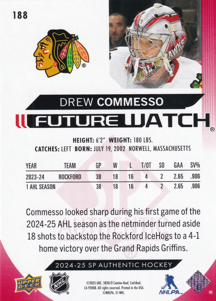 2024-25 UD SP Authentic - Drew Commesso - Future Watch Limited Red #188