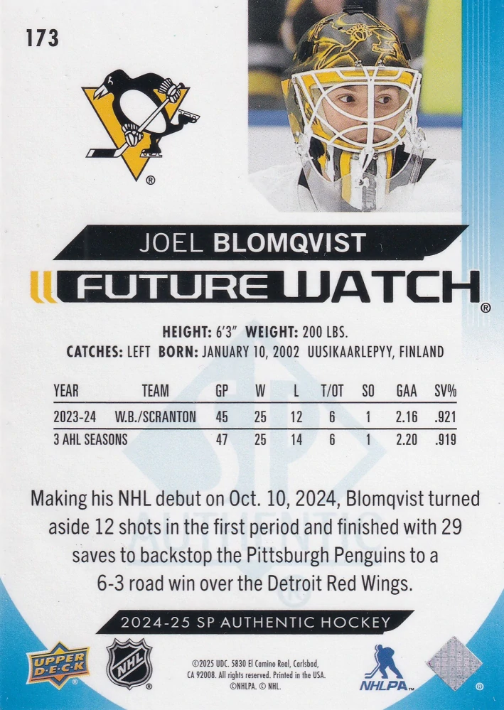 2024-25 UD SP Authentic - Joel Blomqvist - Future Watch Limited Blue /399 #173