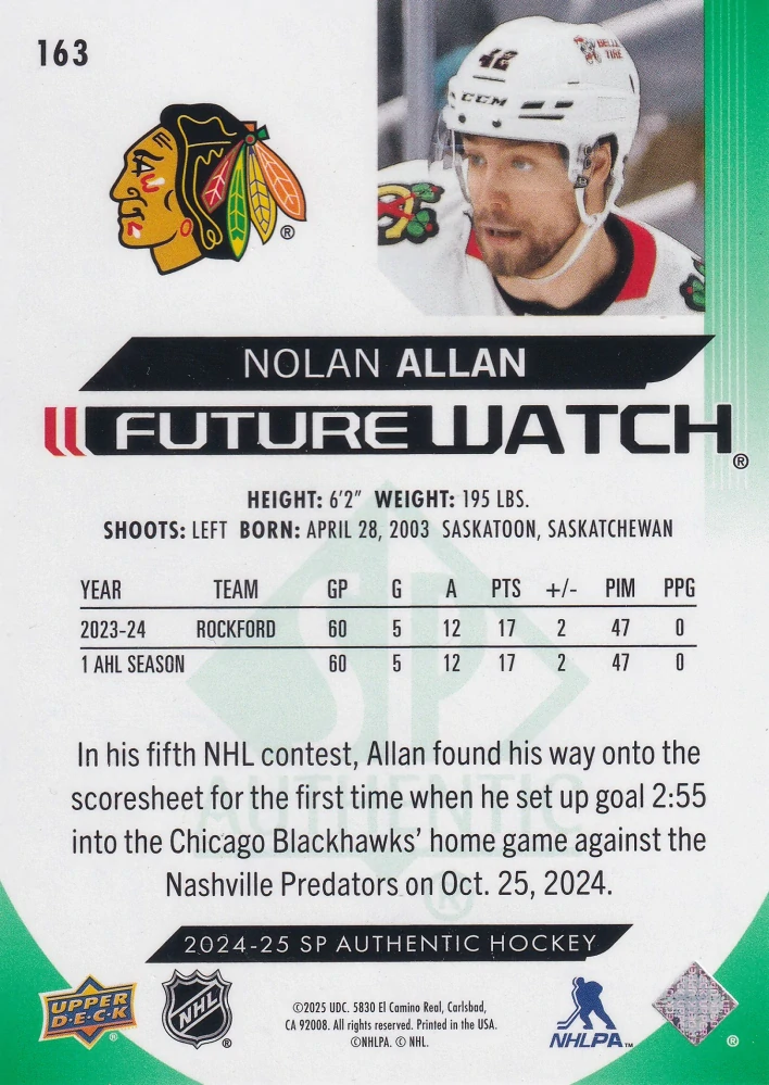 2024-25 UD SP Authentic - Nolan Allan - Future Watch Limited Green /199 #163