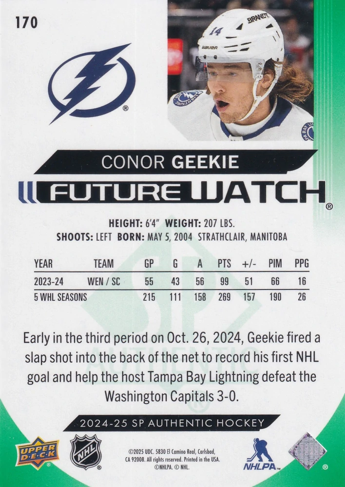 2024-25 UD SP Authentic - Conor Geekie - Future Watch Limited Green /199 #170
