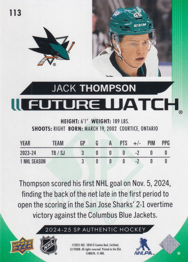 2024-25 UD SP Authentic - Jack Thompson - Future Watch Limited Green /199 #113