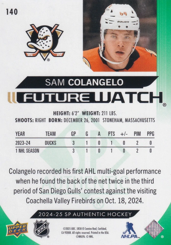 2024-25 UD SP Authentic - Sam Colangelo - Future Watch Limited Green /199 #140