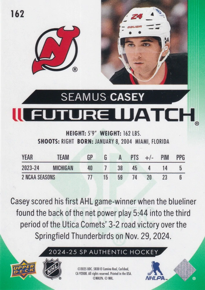 2024-25 UD SP Authentic - Seamus Casey - Future Watch Limited Green /199 #162