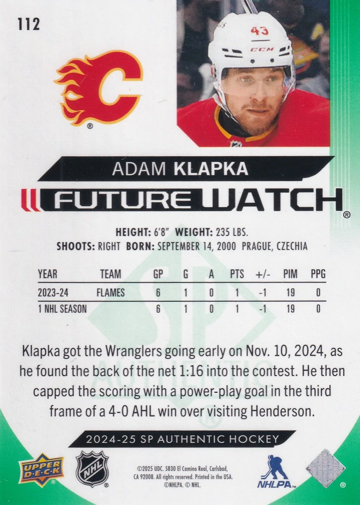2024-25 UD SP Authentic - Adam Klapka - Future Watch Limited Green /199 #112
