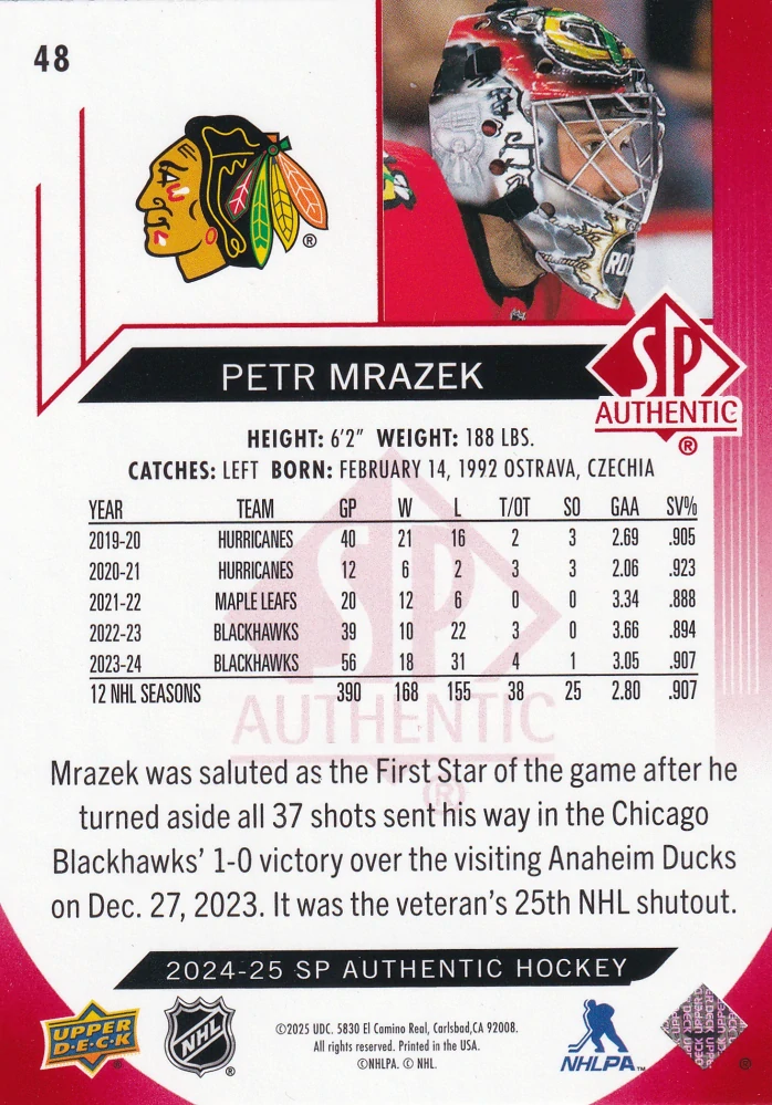 2024-25 UD SP Authentic - Petr Mrázek - Limited Red #48