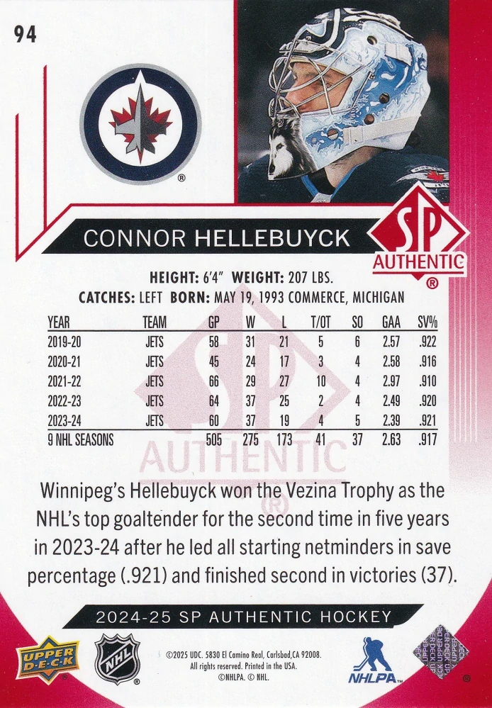 2024-25 UD SP Authentic - Connor Hellebuyck - Limited Red #94