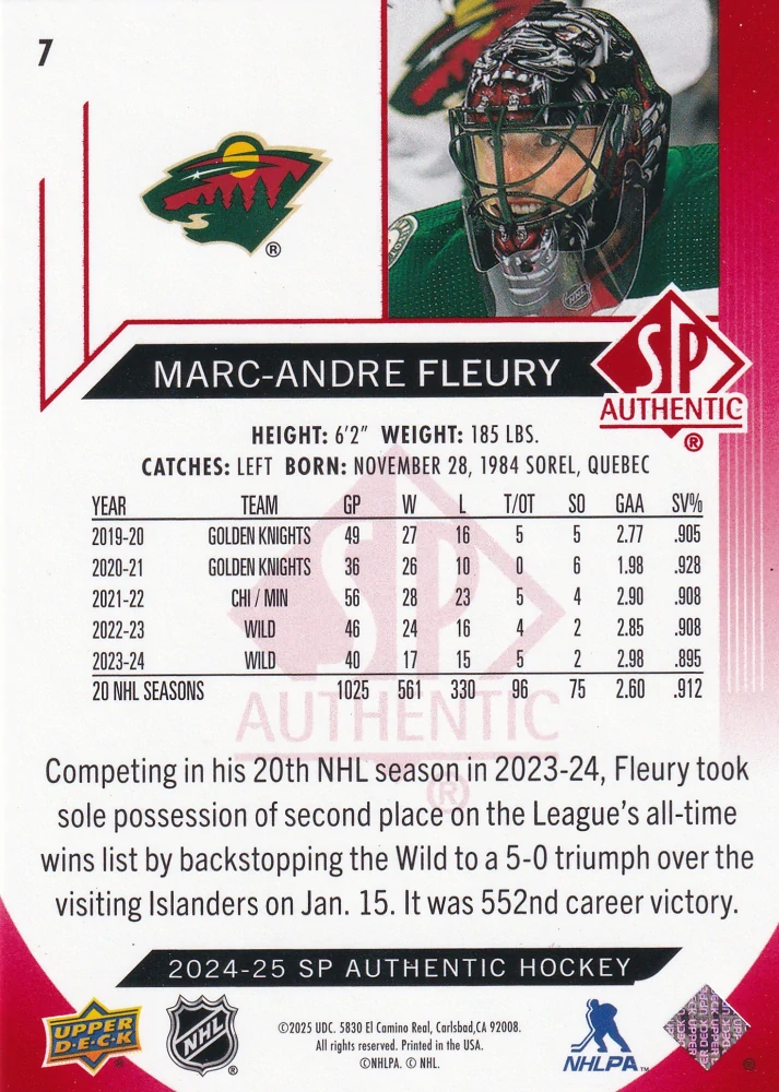 2024-25 UD SP Authentic - Marc-Andre Fleury - Limited Red #7