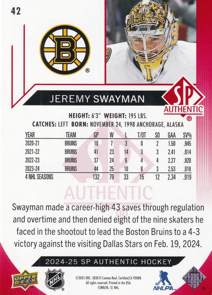 2024-25 UD SP Authentic - Jeremy Swayman - Limited Red #42
