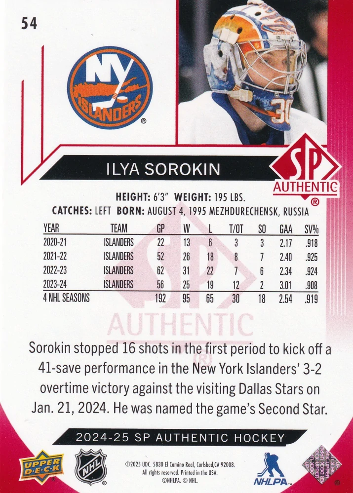 2024-25 UD SP Authentic - Ilya Sorokin - Limited Red #54