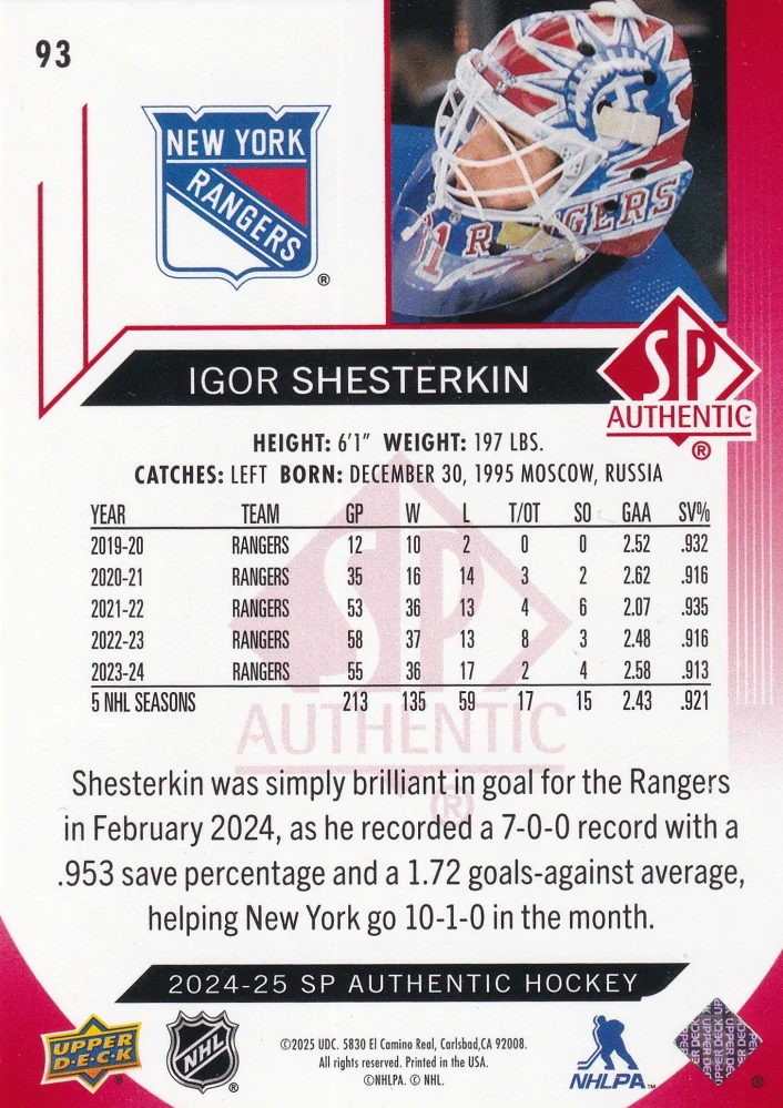 2024-25 UD SP Authentic - Igor Shesterkin - Limited Red #93