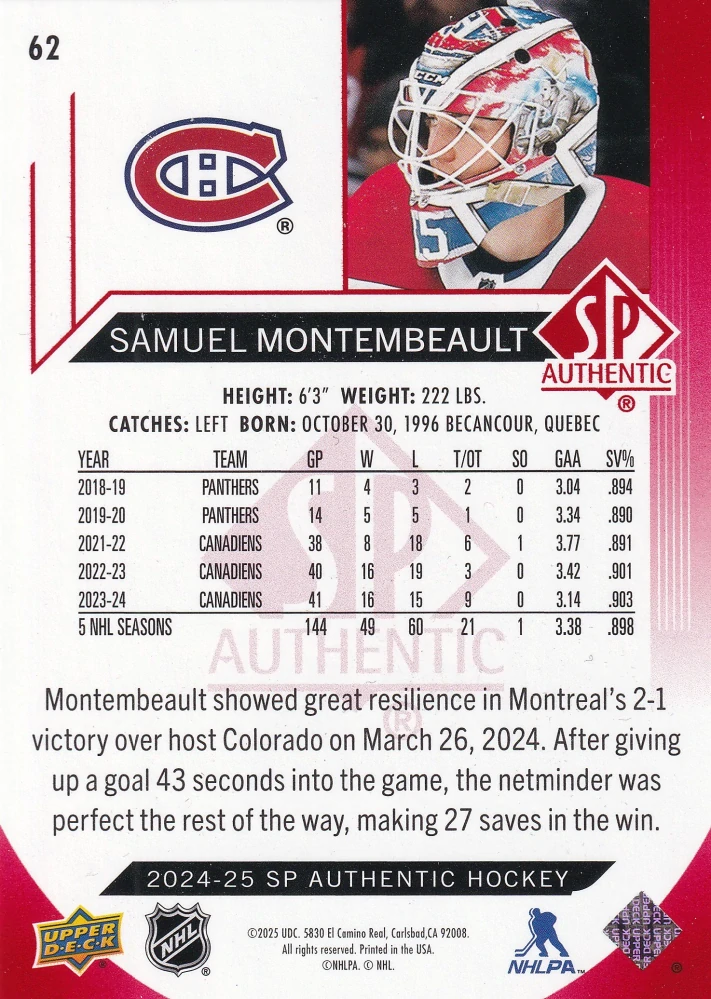 2024-25 UD SP Authentic - Samuel Montembeault - Limited Red #62