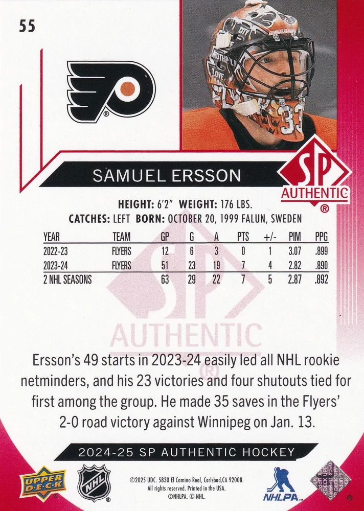 2024-25 UD SP Authentic - Samuel Ersson - Limited Red #55
