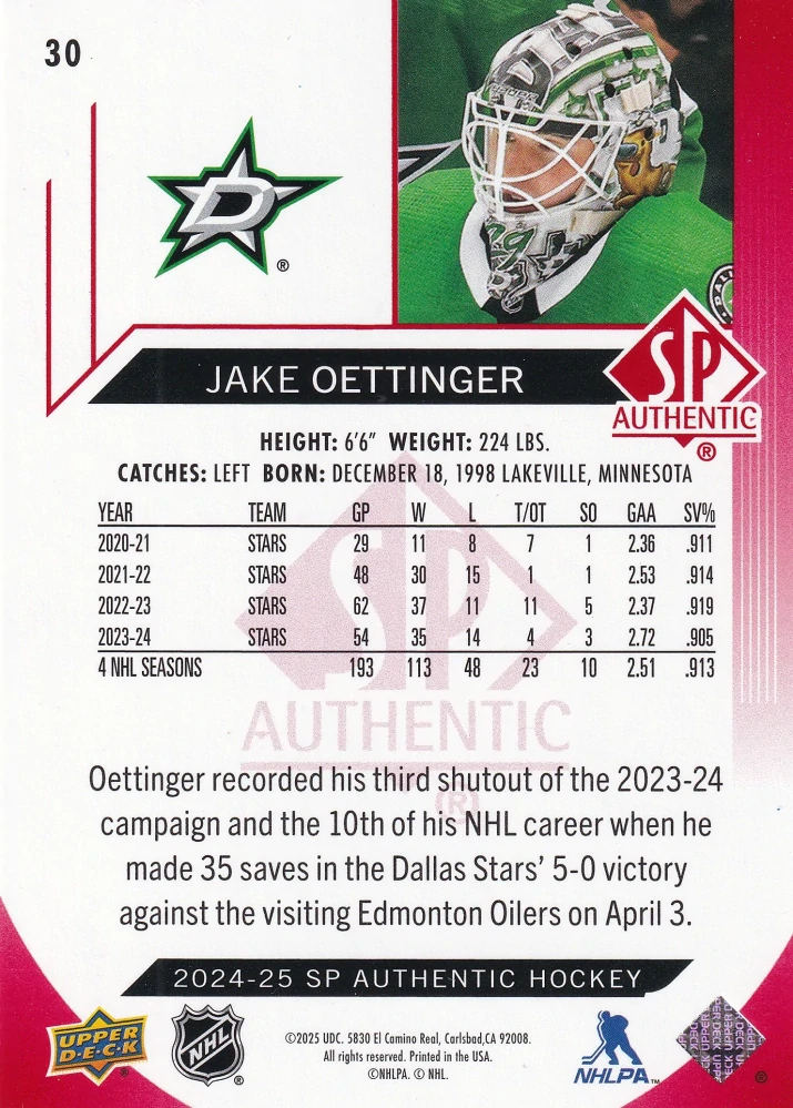 2024-25 UD SP Authentic - Jake Oettinger - Limited Red #30