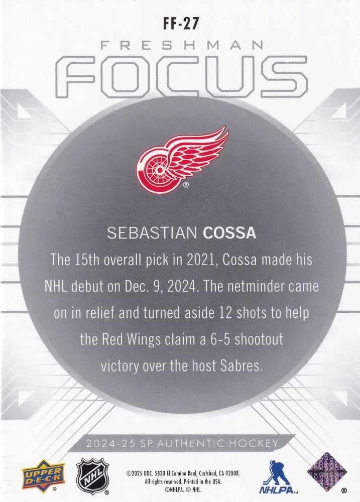 2024-25 UD SP Authentic - Sebastian Cossa - Freshman Focus #FF-27