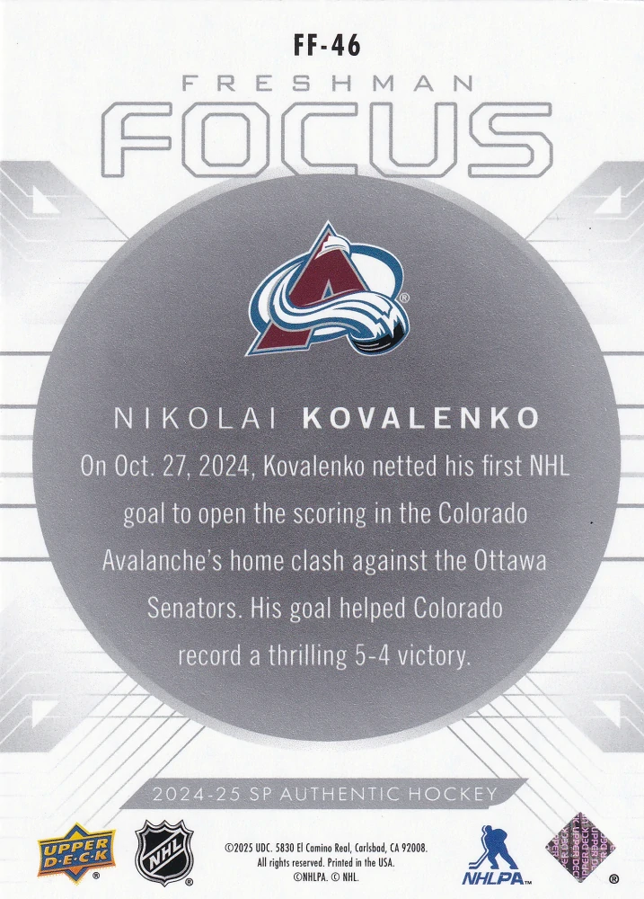 2024-25 UD SP Authentic - Nikolai Kovalenko - Freshman Focus #FF-46