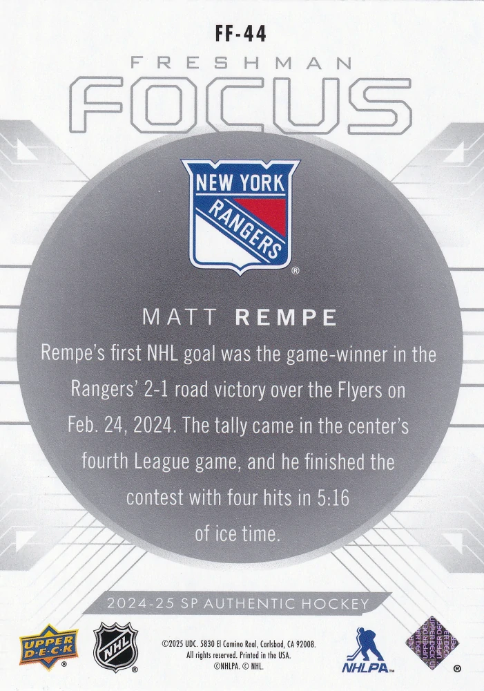 2024-25 UD SP Authentic - Matt Rempe - Freshman Focus #FF-44