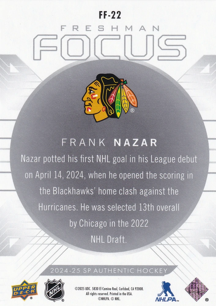 2024-25 UD SP Authentic - Frank Nazar - Freshman Focus #FF-22