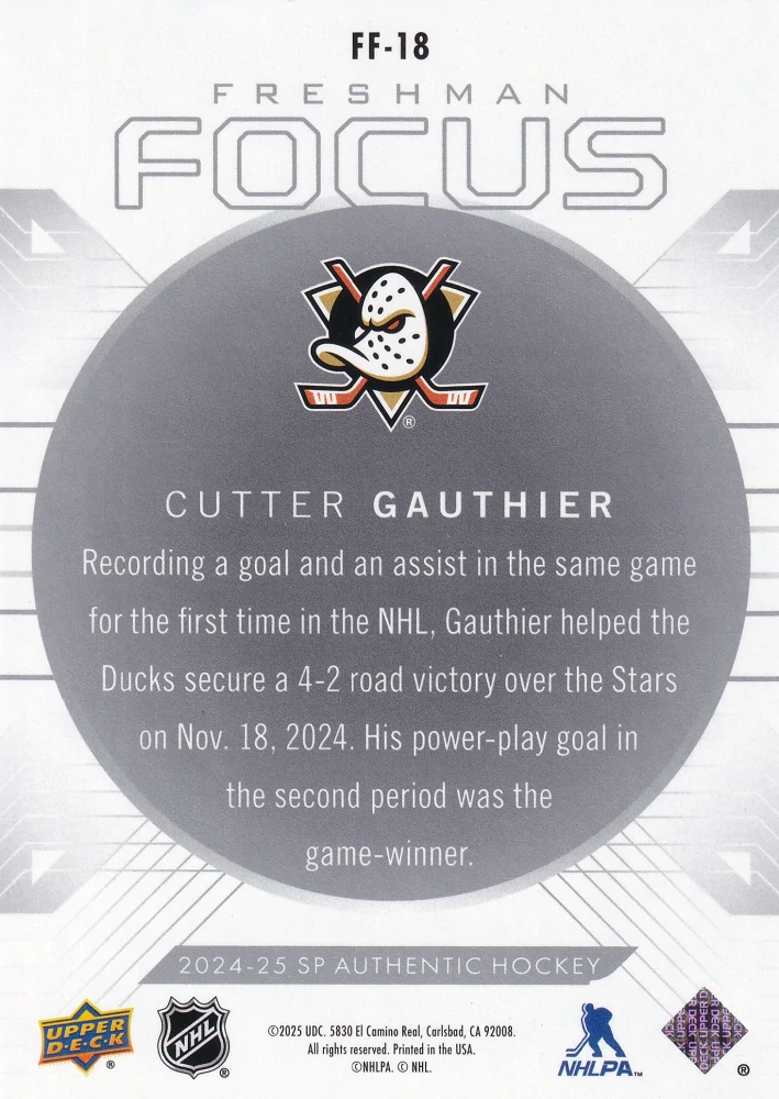 2024-25 UD SP Authentic - Cutter Gauthier - Freshman Focus #FF-18