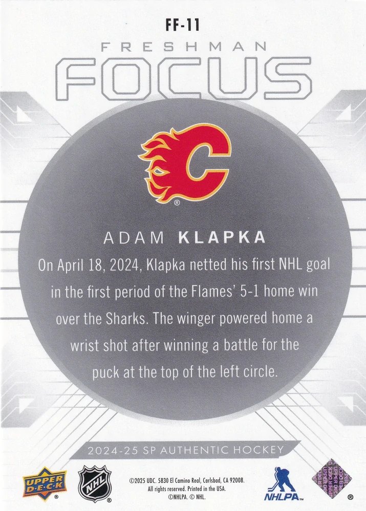 2024-25 UD SP Authentic - Adam Klapka - Freshman Focus #FF-11