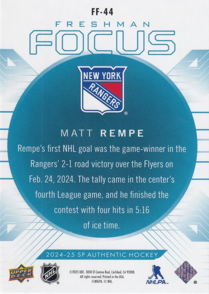 2024-25 UD SP Authentic - Matt Rempe - Freshman Focus Blue #FF-44