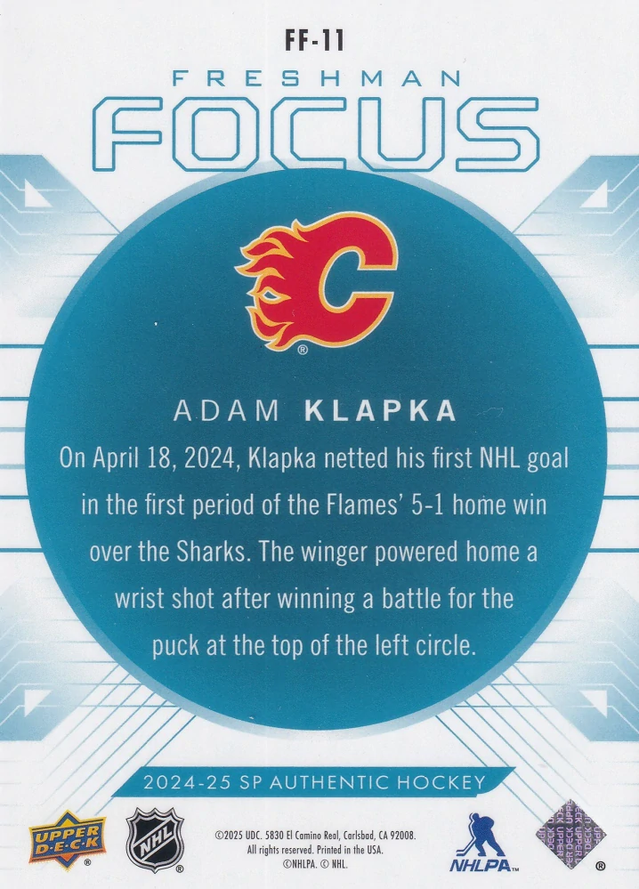 2024-25 UD SP Authentic - Adam Klapka - Freshman Focus Blue #FF-11