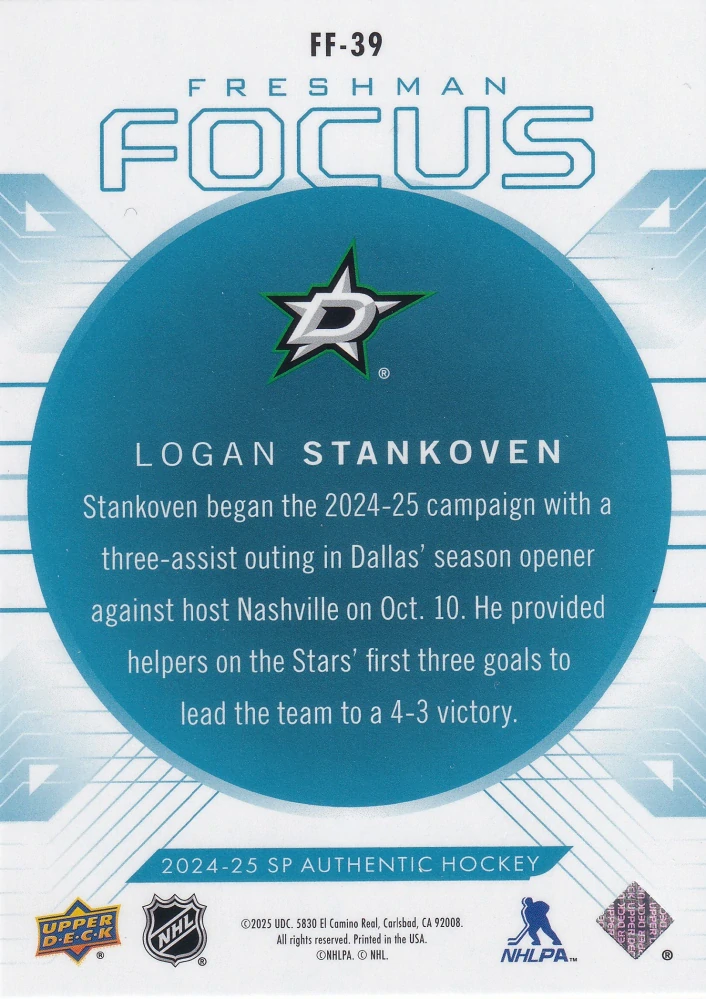 2024-25 UD SP Authentic - Logan Stankoven - Freshman Focus Blue #FF-39