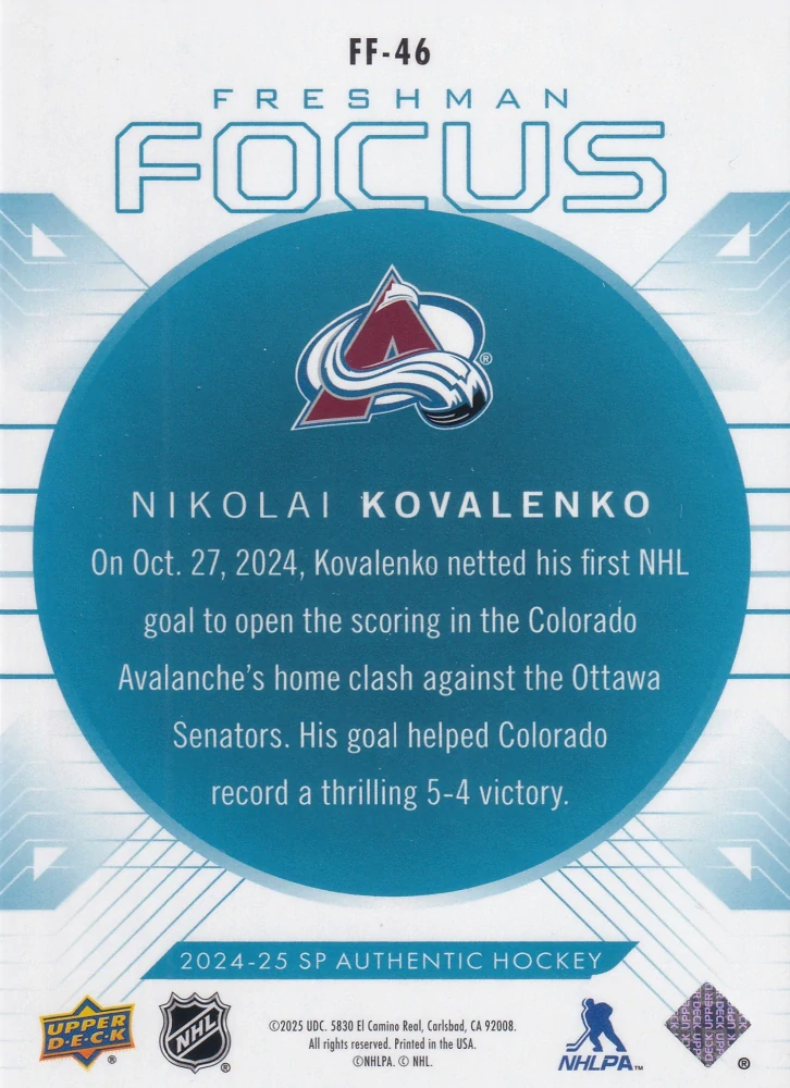2024-25 UD SP Authentic - Nikolai Kovalenko - Freshman Focus Blue #FF-46