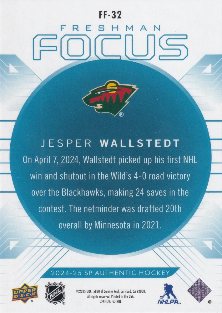 2024-25 UD SP Authentic - Jesper Wallstedt - Freshman Focus Blue #FF-32