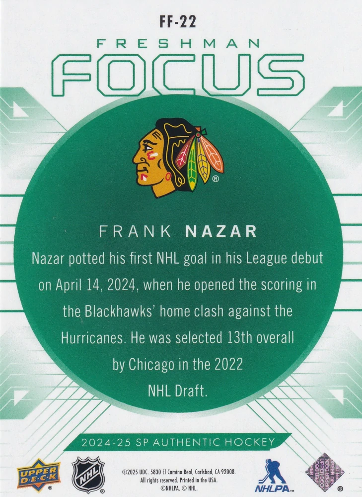 2024-25 UD SP Authentic - Frank Nazar - Freshman Focus Green #FF-22