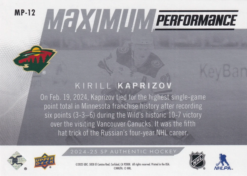 2024-25 UD SP Authentic - Kirill Kaprizov - Maximum Performance #MP-12