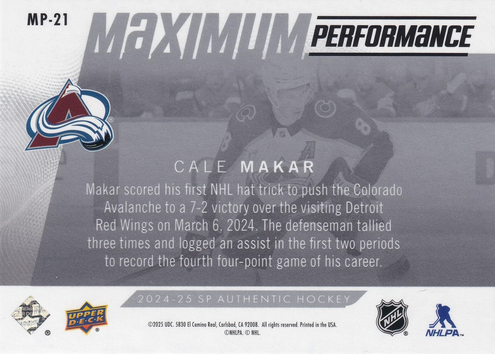 2024-25 UD SP Authentic - Cale Makar - Maximum Performance #MP-21