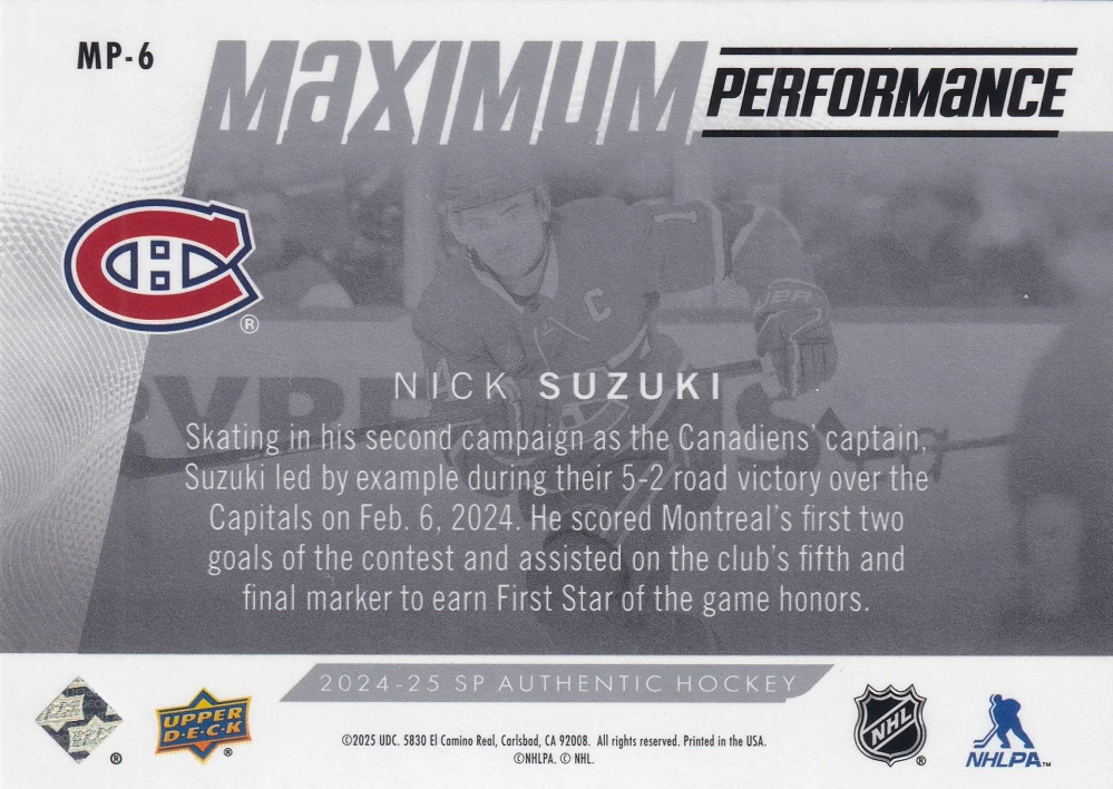 2024-25 UD SP Authentic - Nick Suzuki - Maximum Performance #MP-6