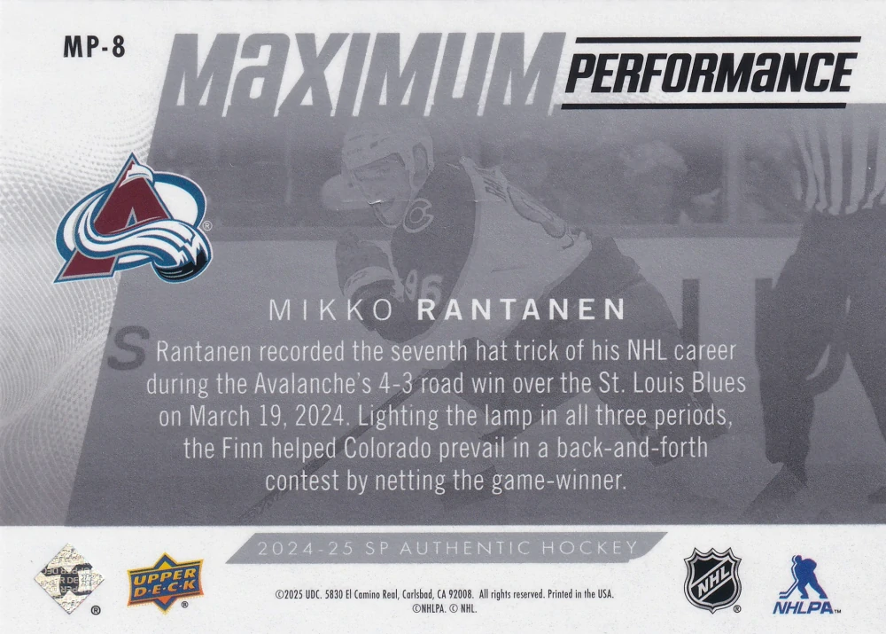2024-25 UD SP Authentic - Mikko Rantanen - Maximum Performance #MP-8