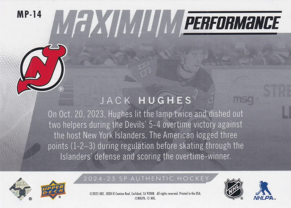 2024-25 UD SP Authentic - Jack Hughes - Maximum Performance #MP-14