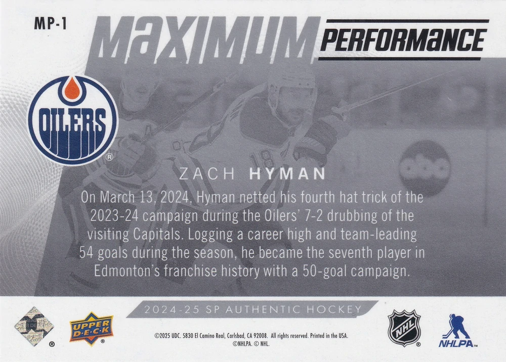 2024-25 UD SP Authentic - Zach Hyman - Maximum Performance #MP-1