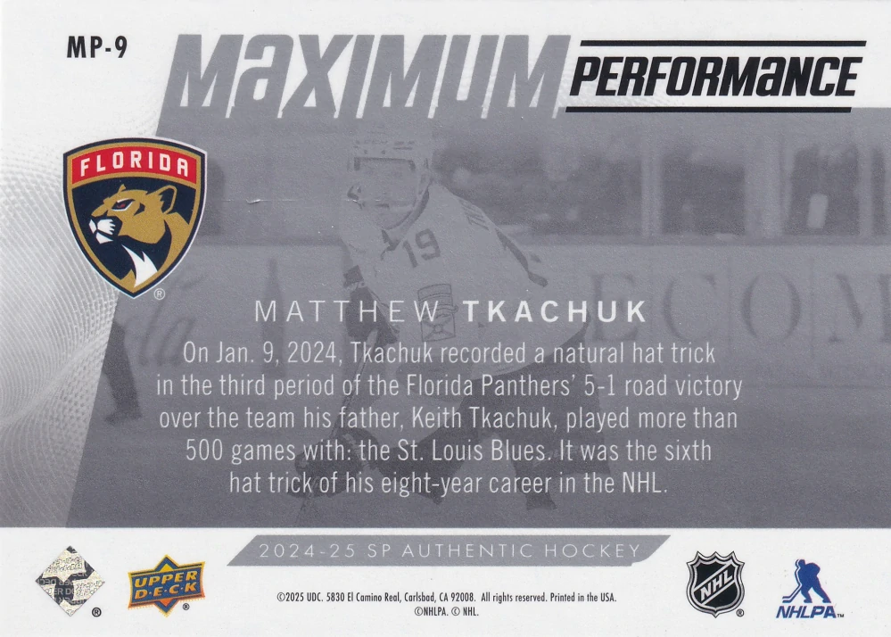 2024-25 UD SP Authentic - Matthew Tkachuk - Maximum Performance #MP-9