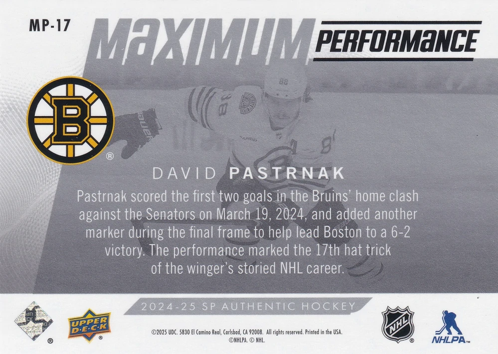 2024-25 UD SP Authentic - David Pastrňák - Maximum Performance #MP-17