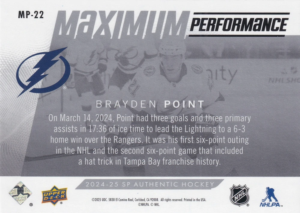 2024-25 UD SP Authentic - Brayden Point - Maximum Performance #MP-22