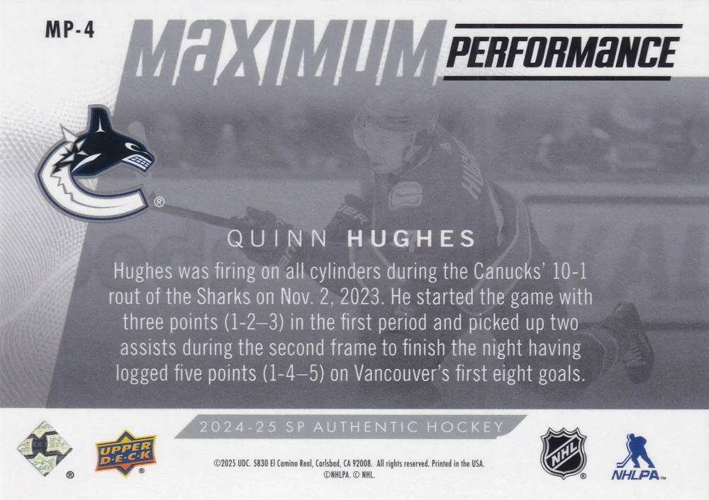 2024-25 UD SP Authentic - Quinn Hughes - Maximum Performance #MP-4