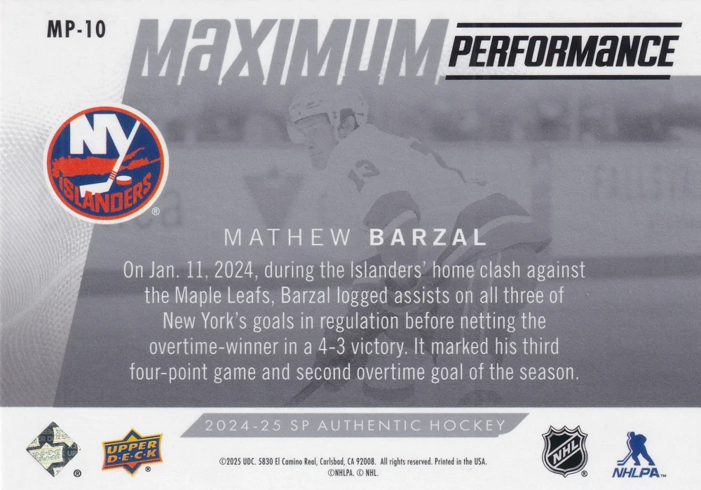 2024-25 UD SP Authentic - Mathew Barzal - Maximum Performance #MP-10