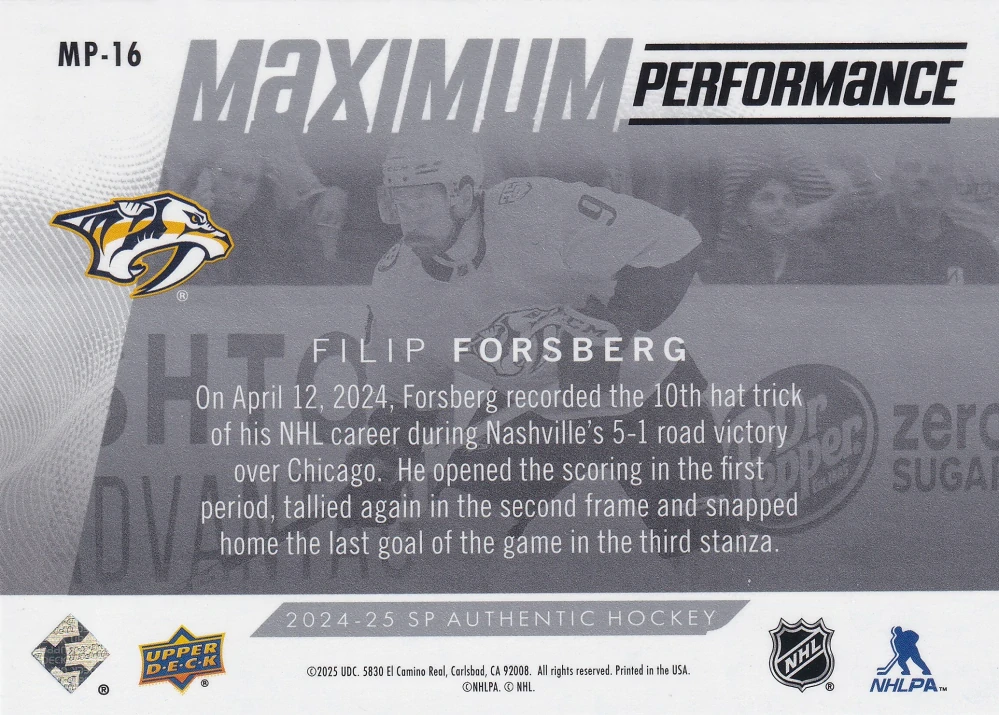2024-25 UD SP Authentic - Filip Forsberg - Maximum Performance #MP-16