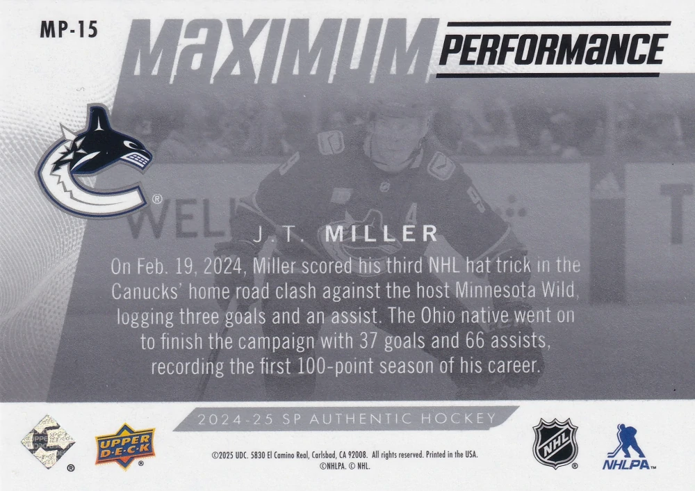 2024-25 UD SP Authentic - J.T. Miller - Maximum Performance #MP-15