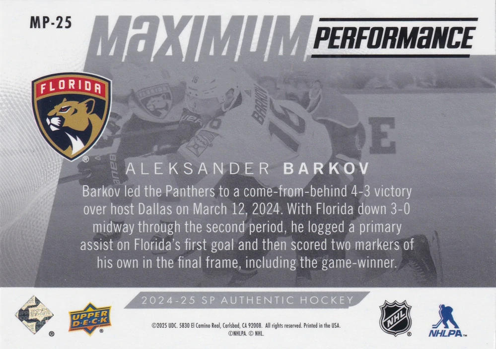 2024-25 UD SP Authentic - Aleksander Barkov - Maximum Performance #MP-25