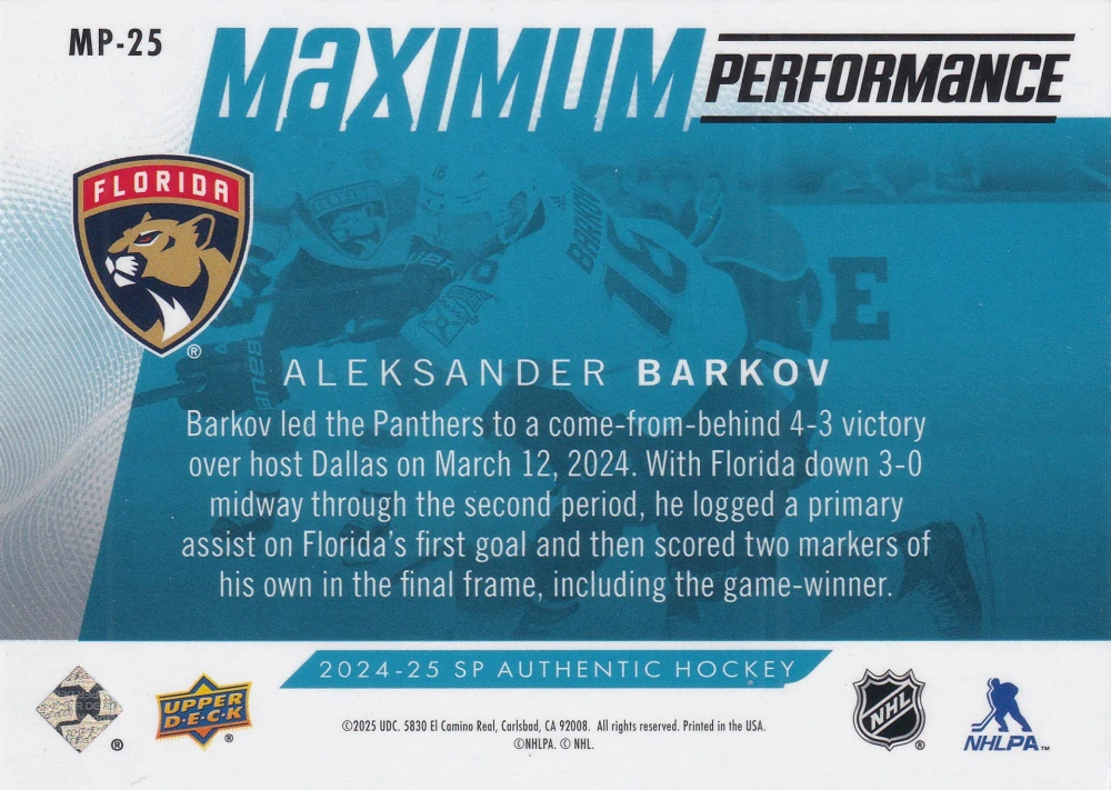 2024-25 UD SP Authentic - Aleksander Barkov - Maximum Performance Blue #MP-25