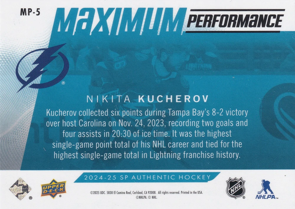 2024-25 UD SP Authentic - Nikita Kucherov - Maximum Performance Blue #MP-5