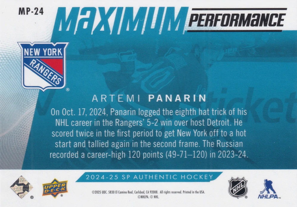 2024-25 UD SP Authentic - Artemi Panarin - Maximum Performance Blue #MP-24